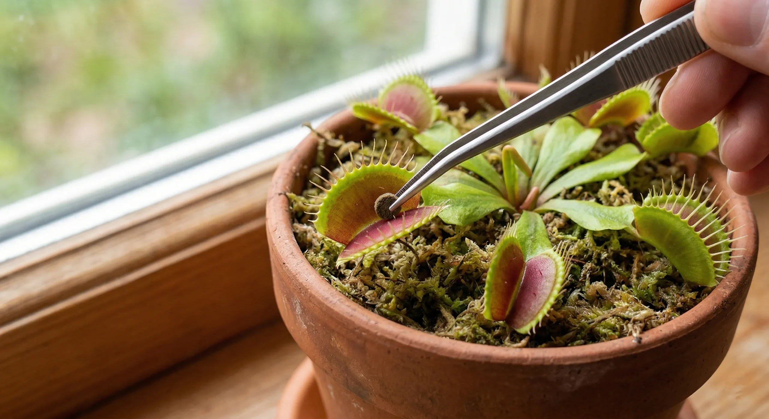 planta venus atrapamoscas en una maceta siendo alimentada con un pellet manualmente