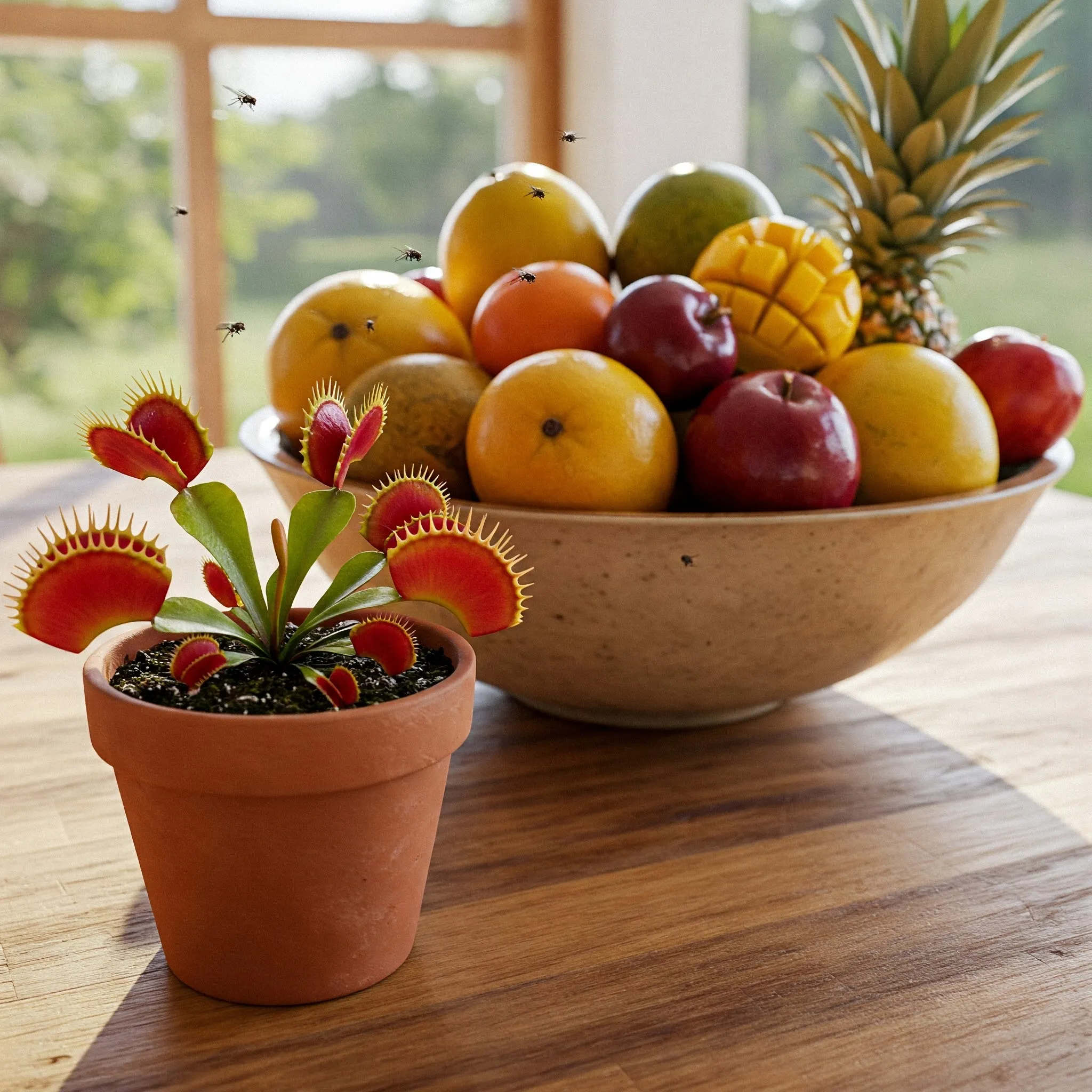 primer plano de una planta venus atrapamoscas sobre una mesa y junto a un frutero repleto de fruta variada y rodeada de algunos mosquitas de la fruta revoloteando alrededor de ella