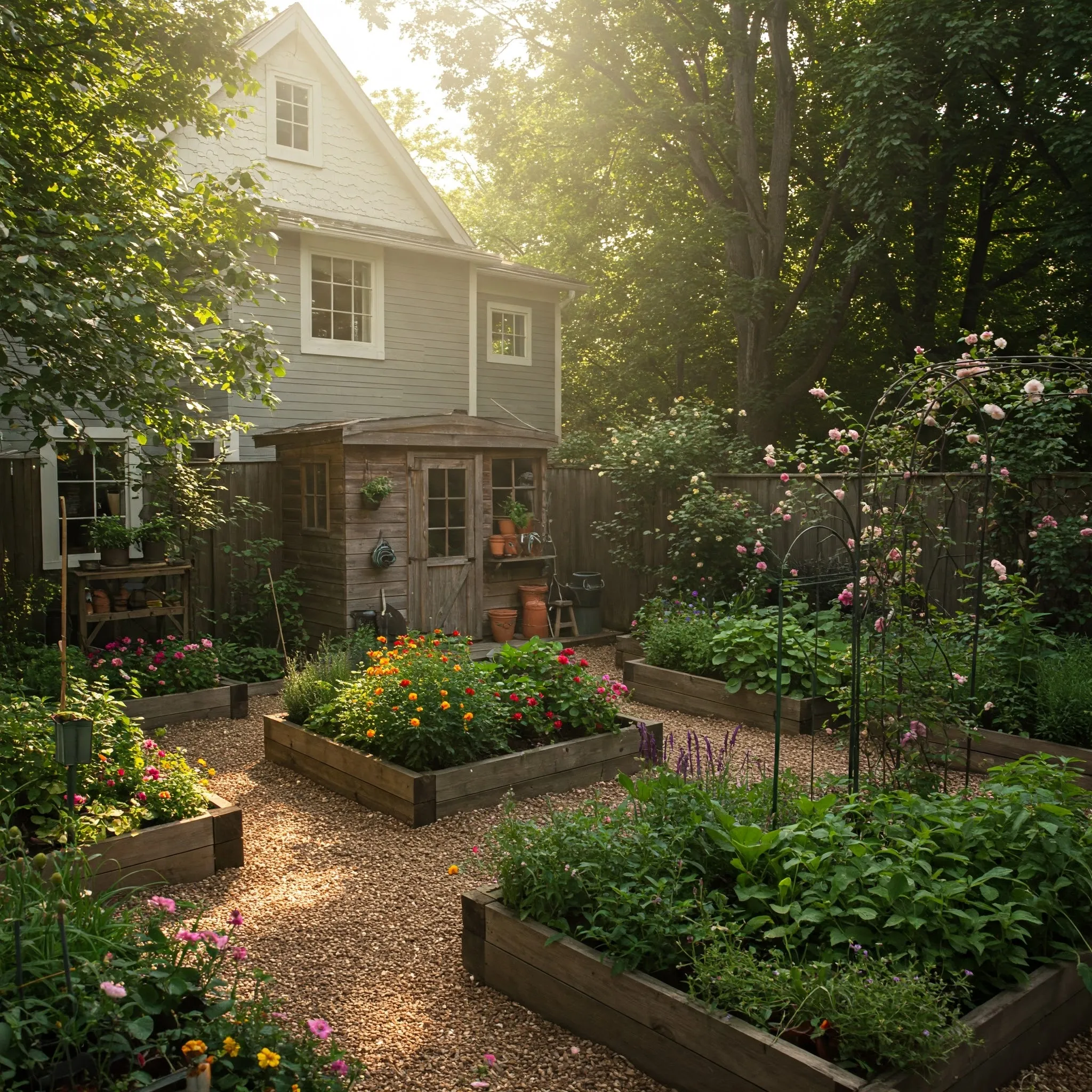 Huerta casera bien organizada en un jardín trasero con bancales de madera elevados repletos de plantas y flores. Al fondo, una pequeña caseta de herramientas de madera junto a una casa de estilo rural.