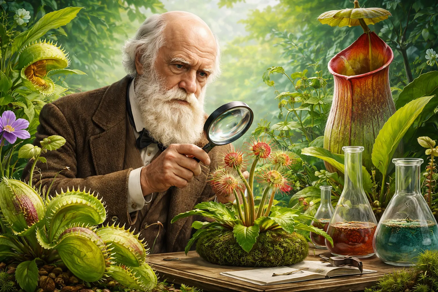 Ilustración de Charles Darwin rodeado de plantas carnívoras