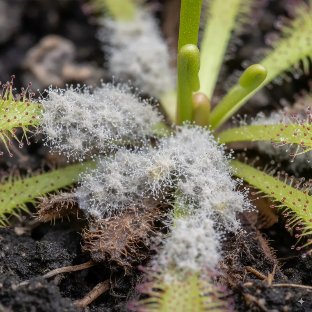 Síntomas de Botrytis cinerea (Moho gris) en planta carnívora drosera