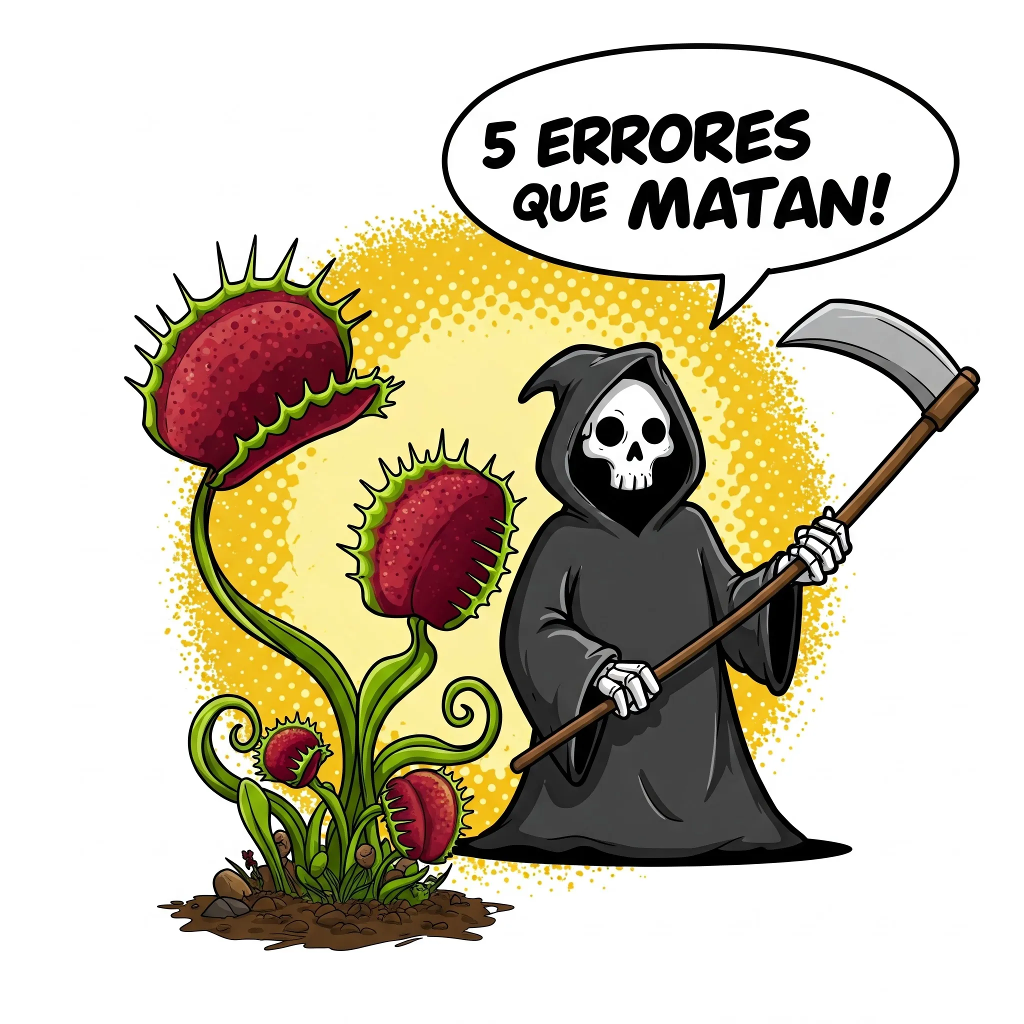 ilustración de una venús atrapamoscas acompañada de un personaje con túnica negra y rostro de calavera empuñando una enorme guadaña y que simboliza a la muerte.