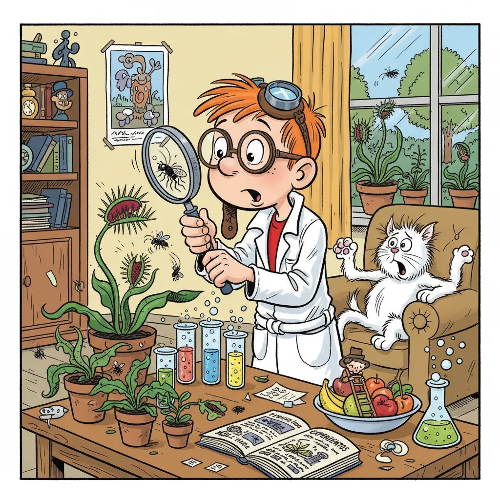 imagen tipo comic de un niño experimentando con plantas carnivoras en el salón de su casa y descubriendo un ecosistema increible