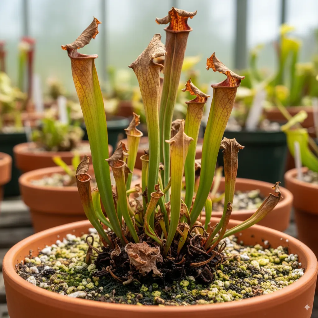 Pudrición por Fusarium en la base de una planta sarracenia