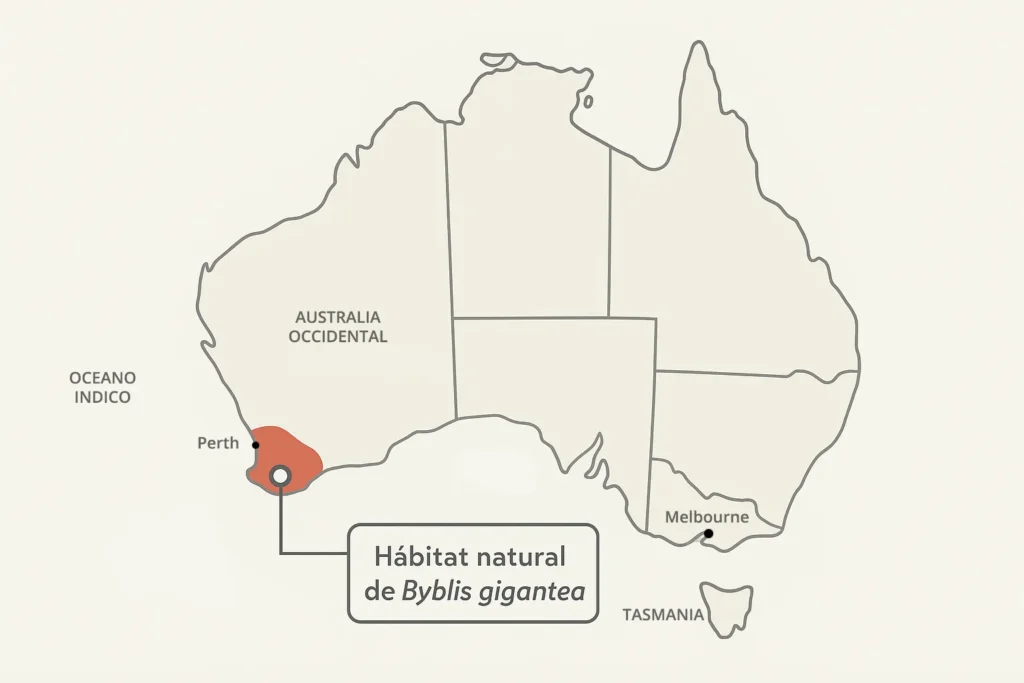 mapa político de Australia donde se resalta el area donde habita en la naturaleza la especie de planta carnívora byblis gigantea