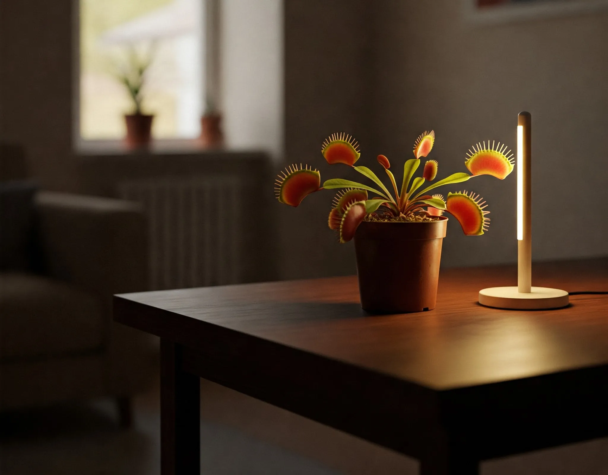 Planta venus atrapamoscas en una maceta, sobre una mesa en el salon de una casa en la penumbra iluminada tenuemente por una pequeña lampara de pie