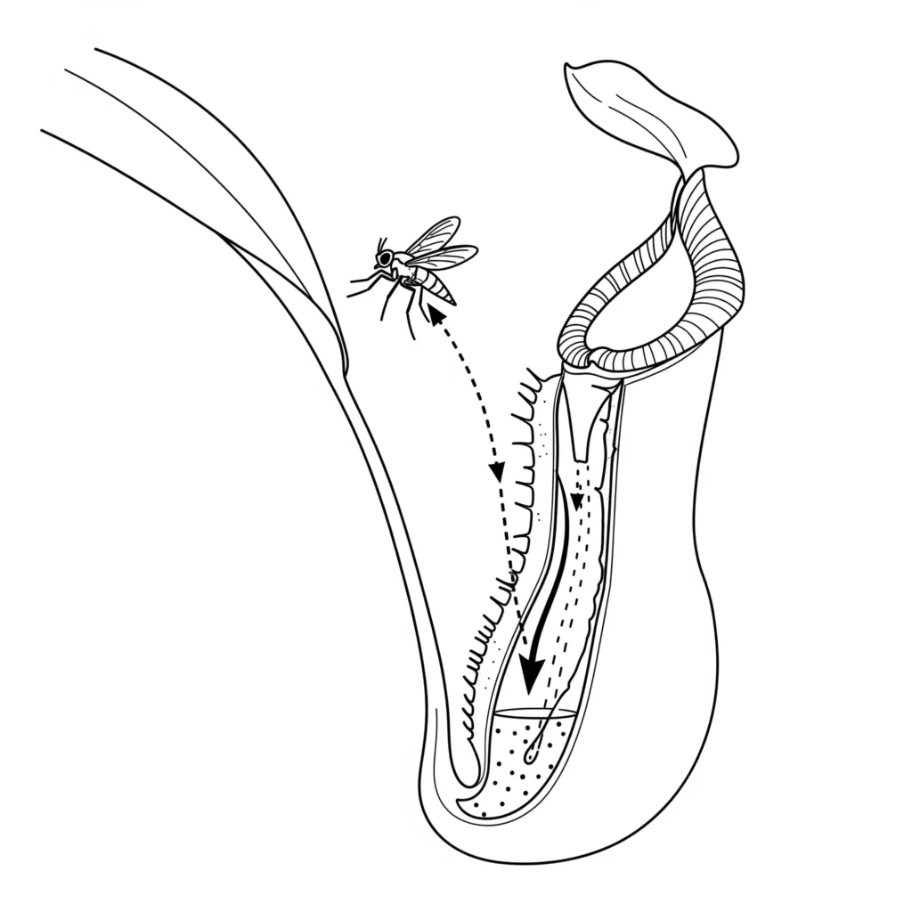 ilustración del proceso de caza de una nepenthes de un insecto volador
