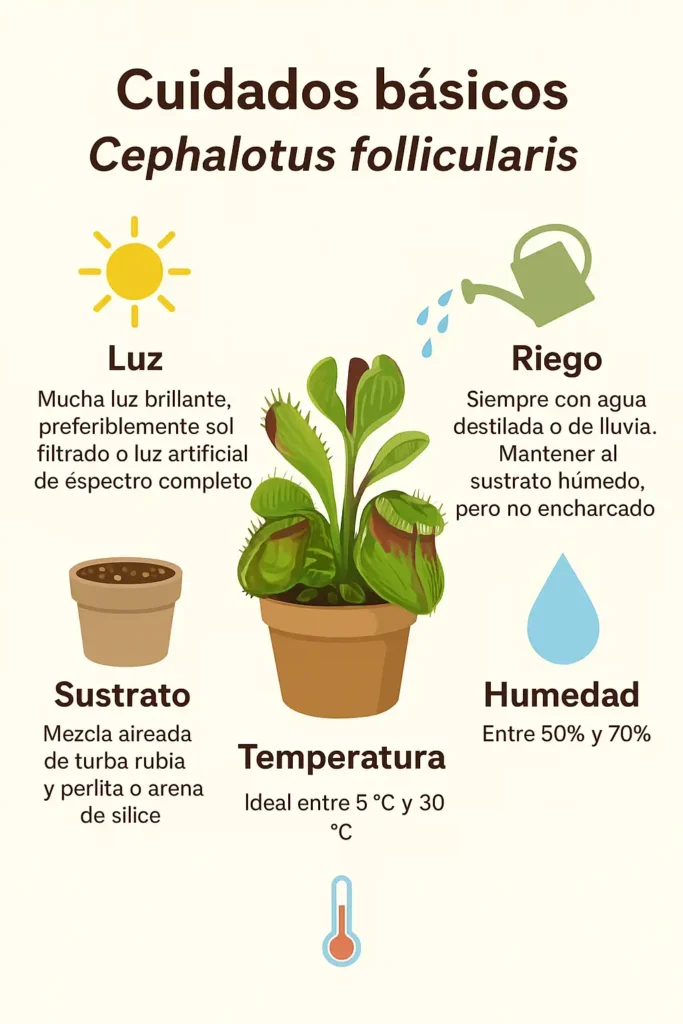 infografia donde se resume los cuidados básicos para la cephalotus follicularis o planta lagarto.