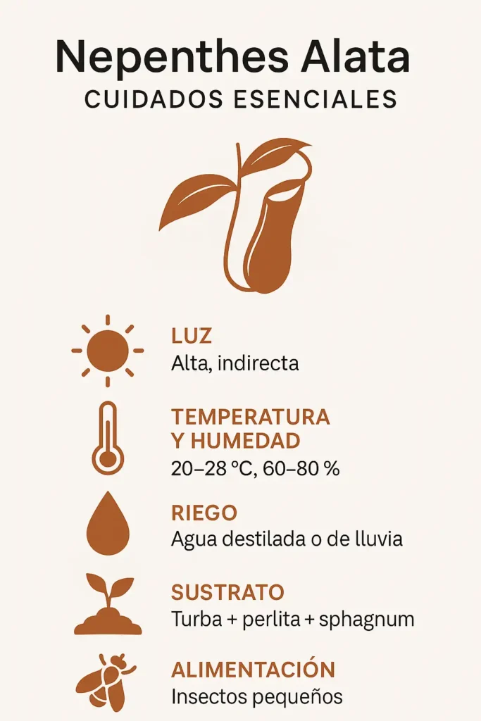 Infografia con detalles de los cuidados a proporcionar a la Nepenthes Alata