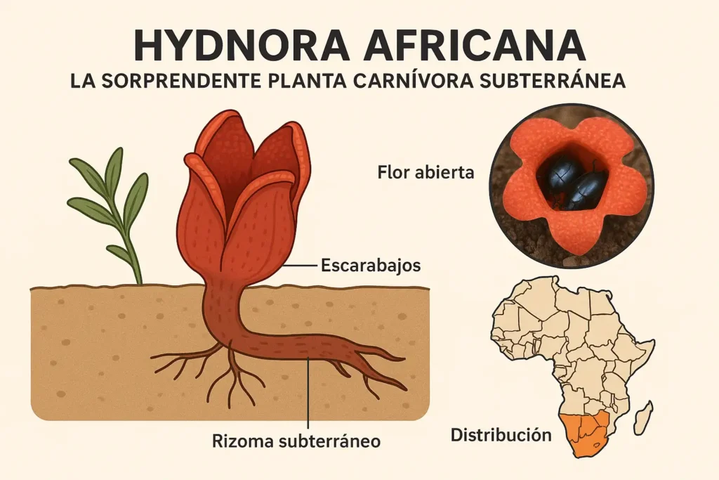 Infografía educativa de la Hydnora africana, planta carnívora subterránea de África, mostrando su rizoma enterrado, flor abierta con escarabajos y mapa de distribución en el sur de África.