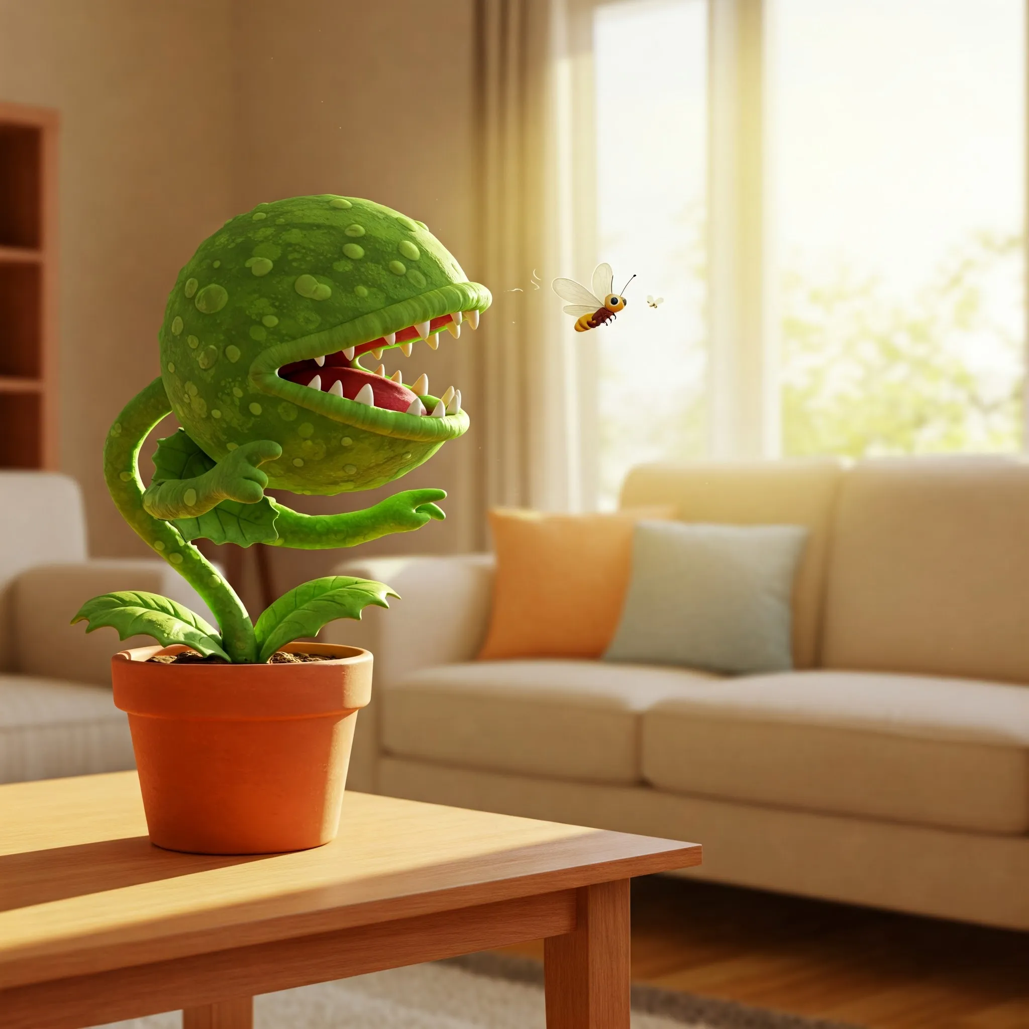 ilustración fotorrealista de una planta venus atrapamoscas en una maceta sobre la mesa de centro de un salón intentando dar caza a un insecto volador