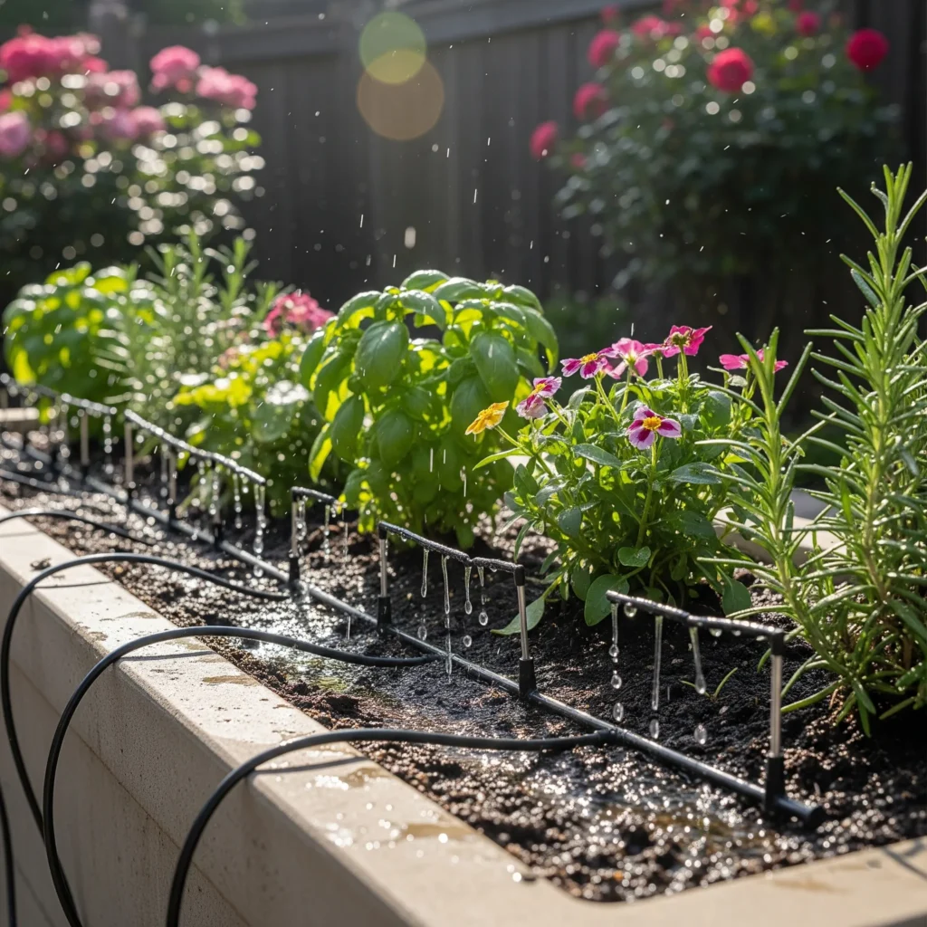 imagen fotográfica de una jardinera con distintas especies de plantas en el exterior con un sistema de riego automático doméstico en funcionamiento.
