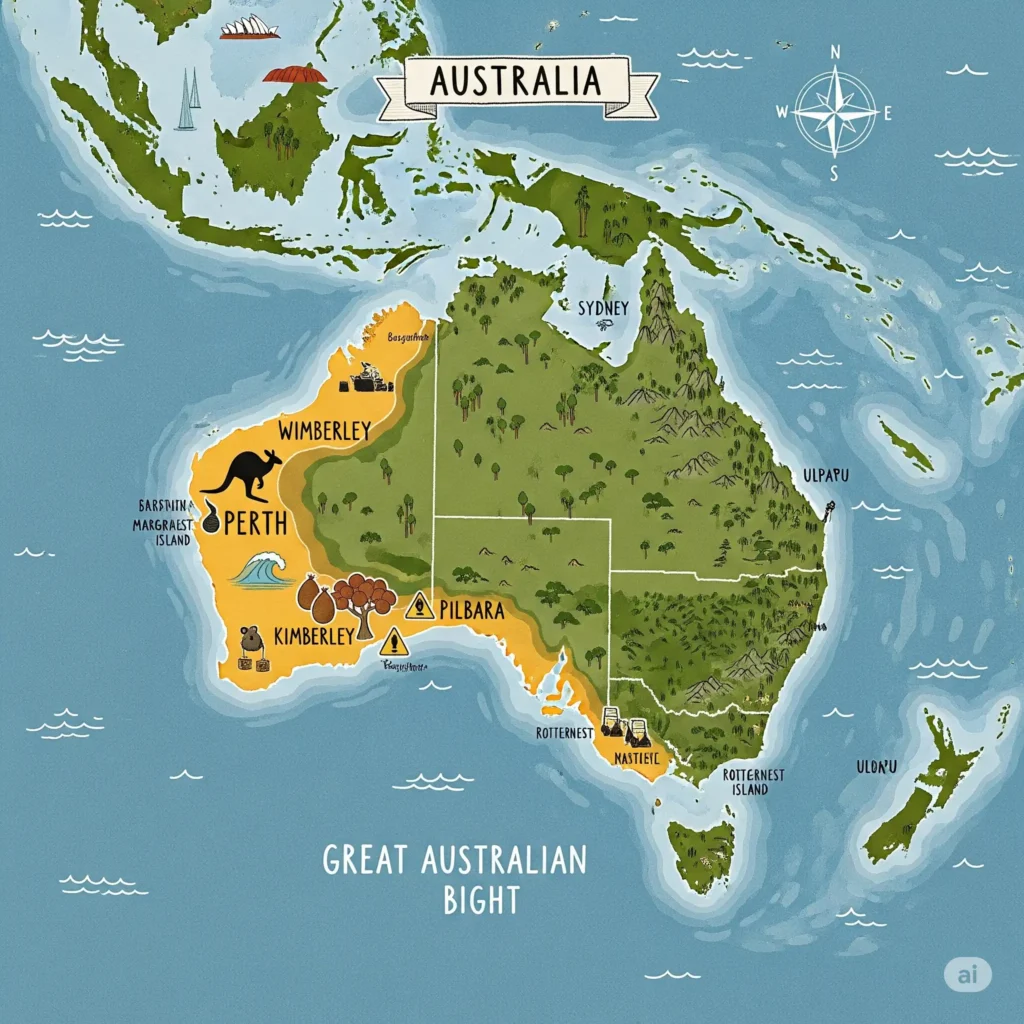 mapa ilustrado de Australia, resaltando la costa occidental, habitat natural de la planta cephalotus follicularis también conocida como planta lagarto