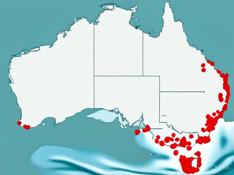 mapa de Australia donde se resaltan las areas donde habitan las droseras binata.