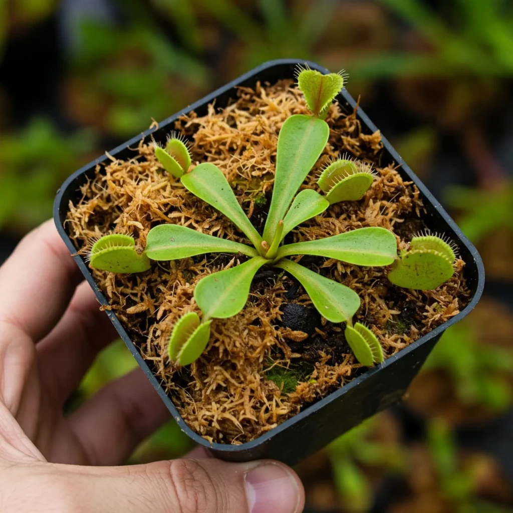 primer plano con fondo desenfocado, de una mano sujetando una pequeña maceta de color negra con una venus atrapamoscas