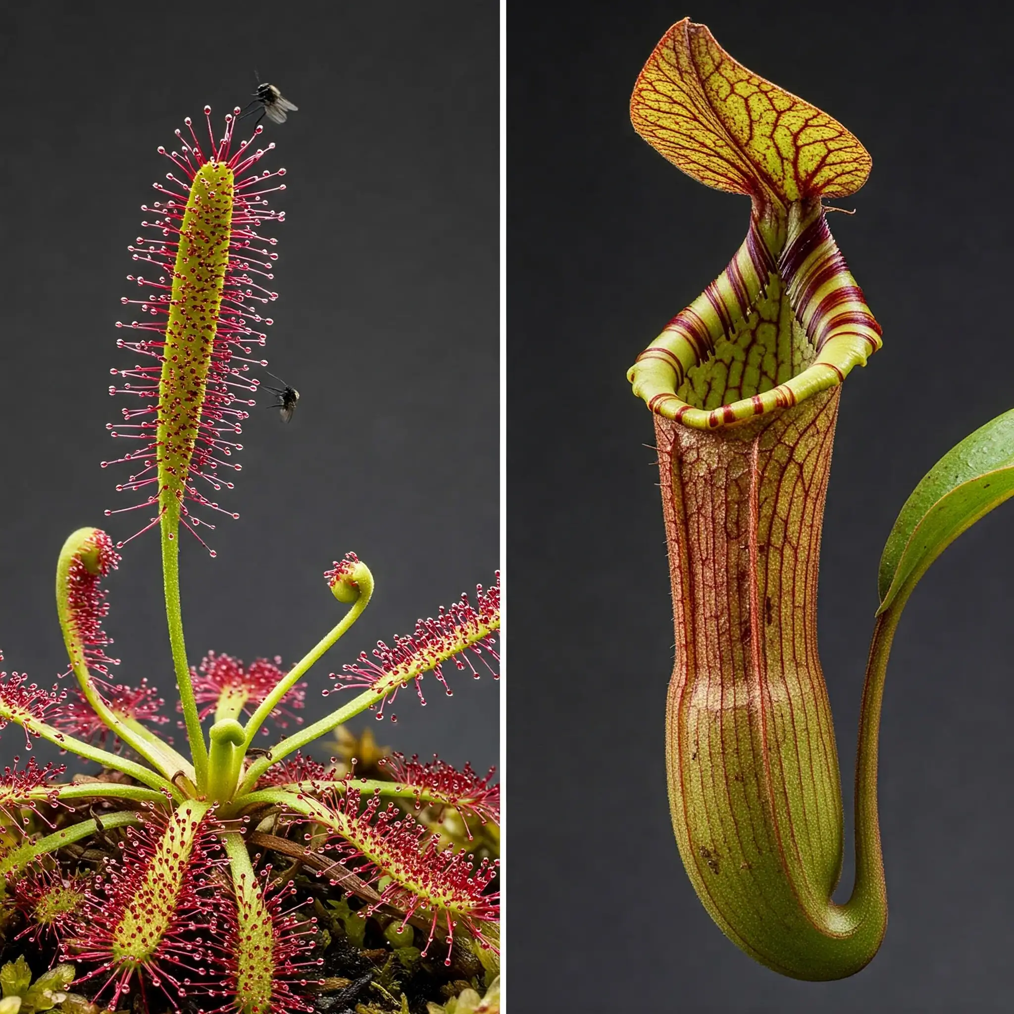 Composición con dos imágenes situadas a derecha e izquierda por igual tamaño, comparando a una drosera con una nepenthes