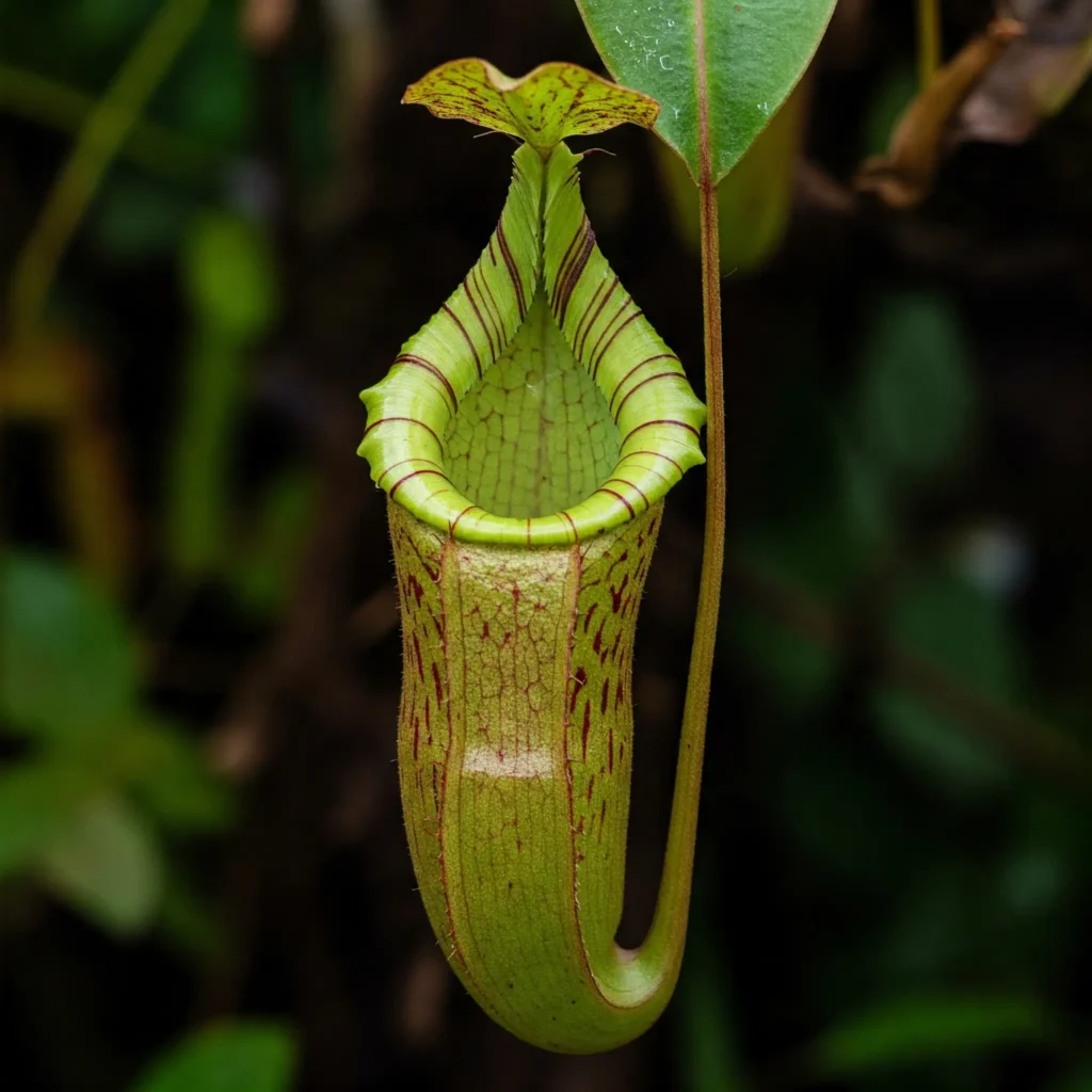 Detalle de una jarra de Nepenthes attenboroughii, una de las plantas carnívoras más grandes del mundo, conocida por atrapar roedores.
