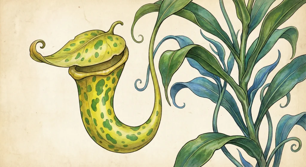 ilustración de una nepenthes con un look tipo pokemon
