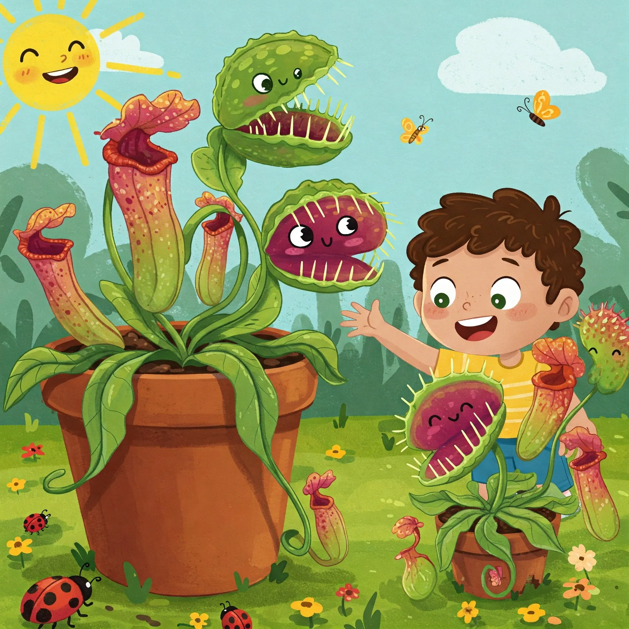 Ilustración infantil colorida de un niño feliz interactuando con plantas carnívoras en macetas, como Venus atrapamoscas y plantas jarro, todas con caritas amigables y expresivas. El fondo incluye un jardín soleado, mariquitas, mariposas y flores, creando un ambiente alegre y educativo.