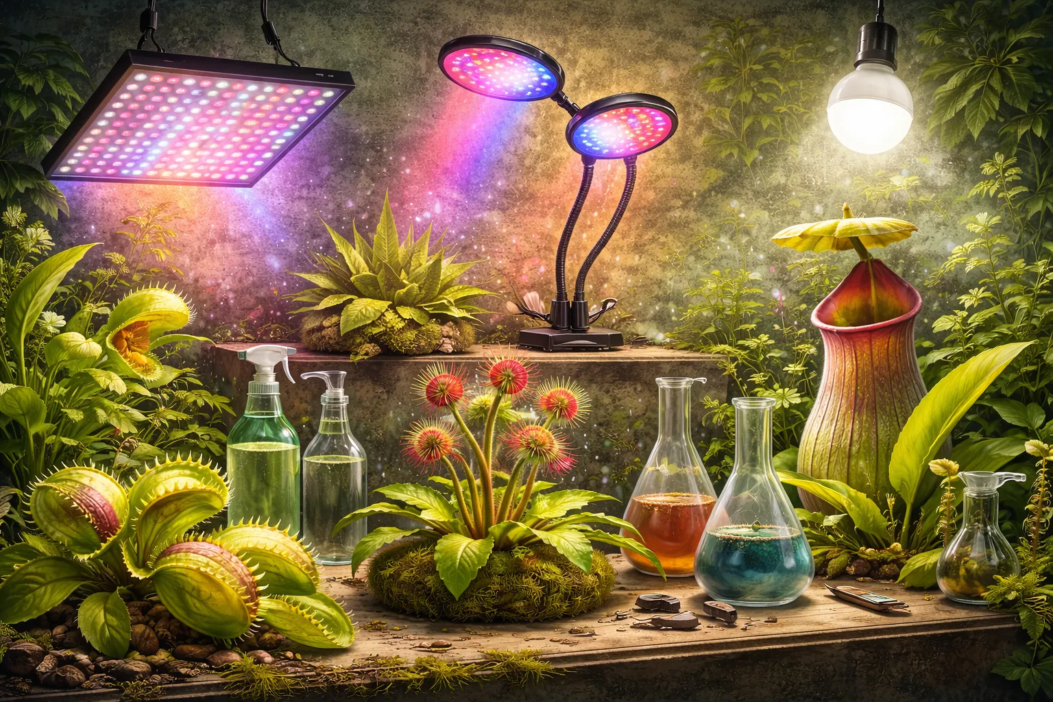 ilustracion con plantas carnivoras y luces led de espectro completo en interior.