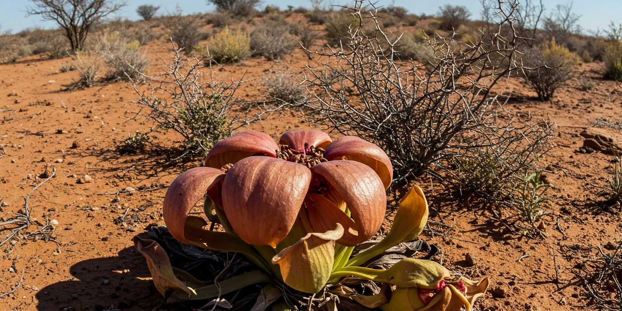 fotografía panorámica de una hydnora africana en un paisaje desértico.