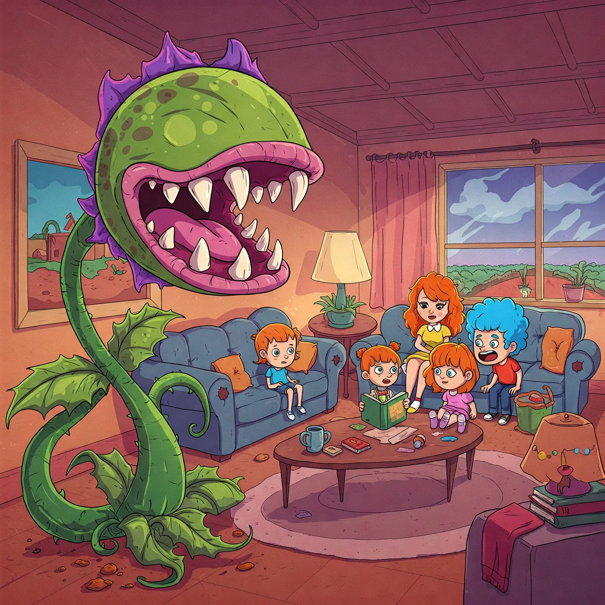 Ilustración caricaturesca de una enorme planta carnívora con colmillos aterradores dentro de una sala familiar, mientras una madre y varios niños observan sorprendidos durante una lectura de cuentos. El entorno es hogareño y cálido, pero la planta exagerada crea un contraste humorístico y surrealista.