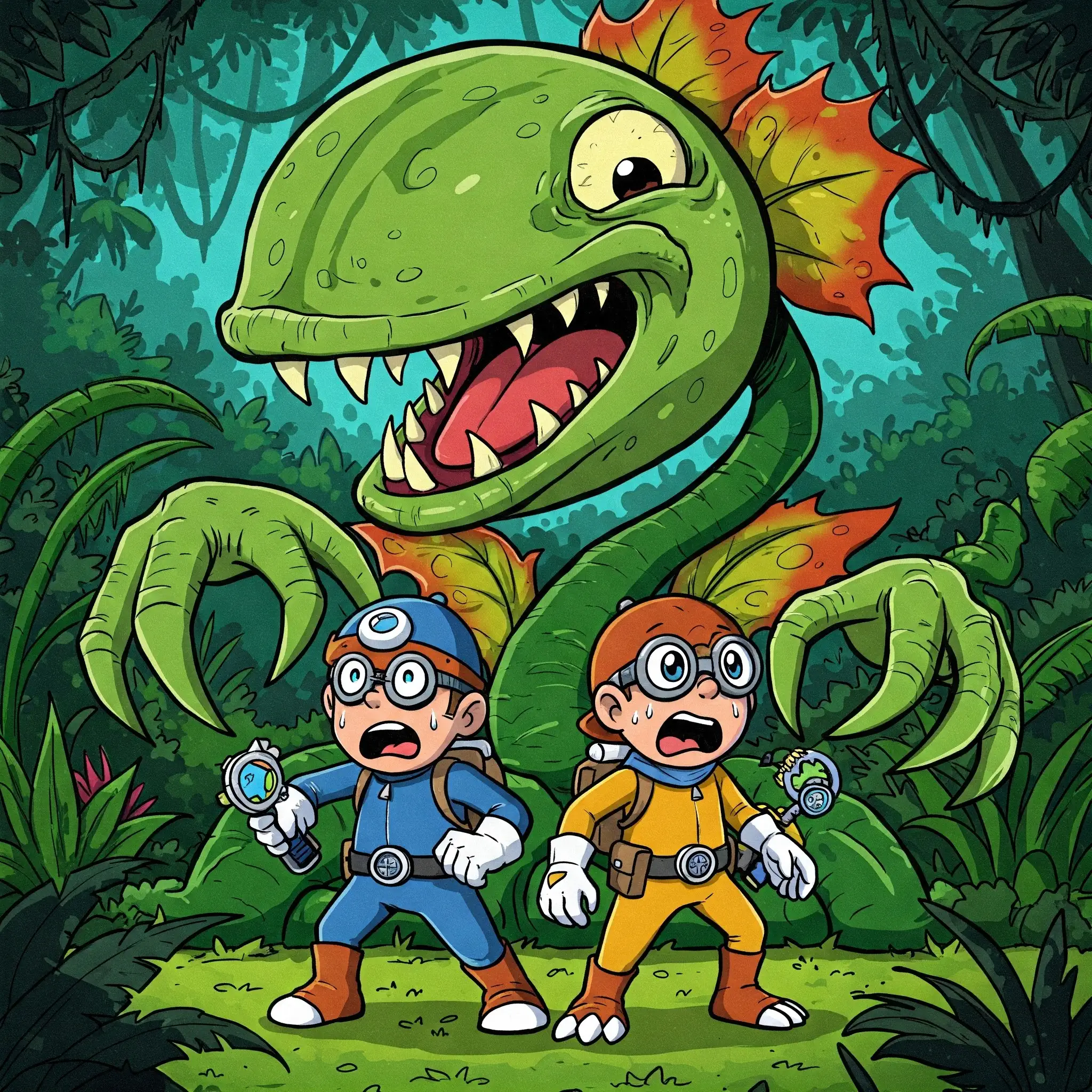 Ilustración de estilo cómic con dos niños exploradores sorprendidos frente a una planta carnívora gigante con dientes afilados y hojas en forma de garras, en medio de una selva exuberante. La escena combina aventura, fantasía y botánica de forma divertida.