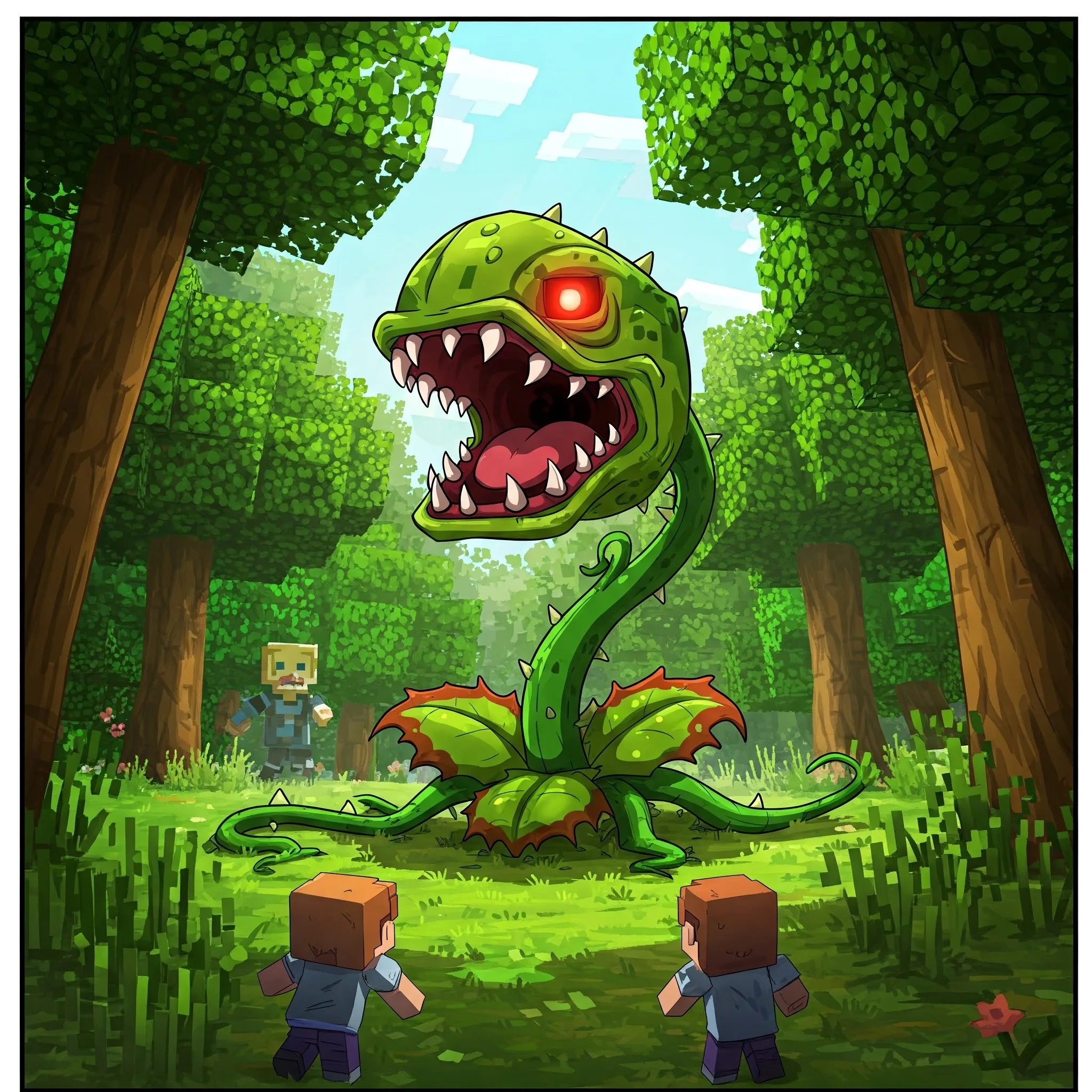 ilustración tipo Minecraft de una gran planta carnívora tipo venus atrapamoscas en medio de un bosque con actitud amenazante y rodeada de 3 personas que parecen atemorizadas