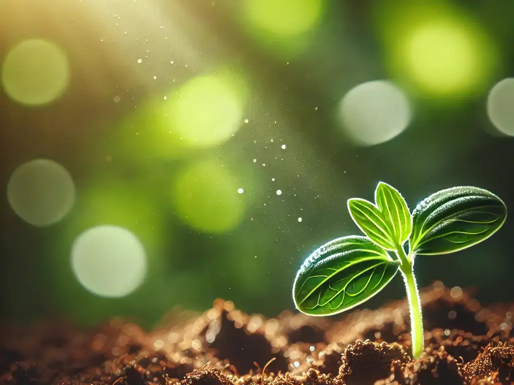 Brote de planta creciendo en tierra húmeda bajo luz natural, imagen generada por IA — inicio del ciclo de vida de una planta carnívora.