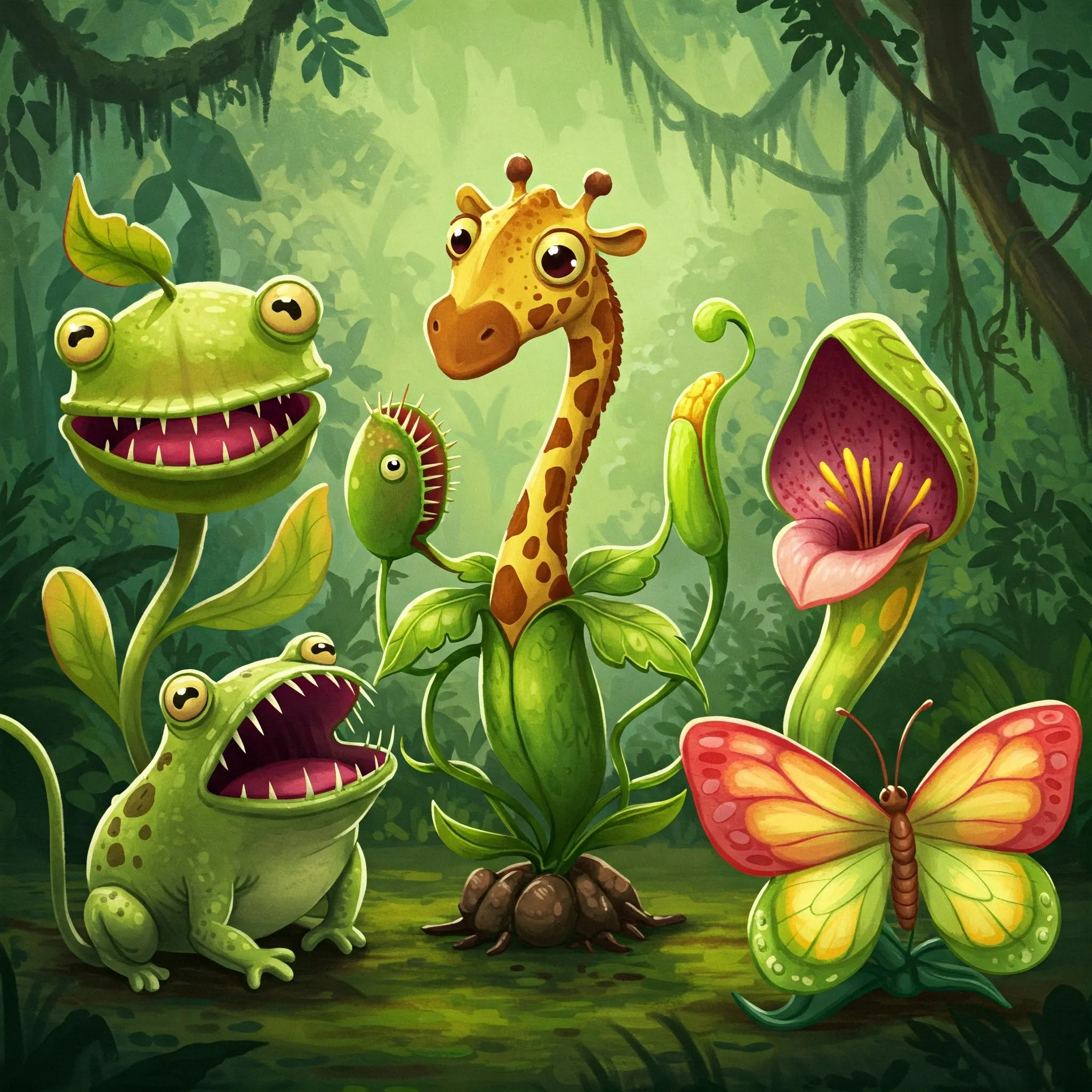 Ilustración fantástica de plantas carnívoras con forma de animales: una con cara de camaleón, otra similar a una rana, una con aspecto de jirafa, y otras con formas de mariposa y flor exótica. Ambientadas en una jungla frondosa de estilo caricaturesco.