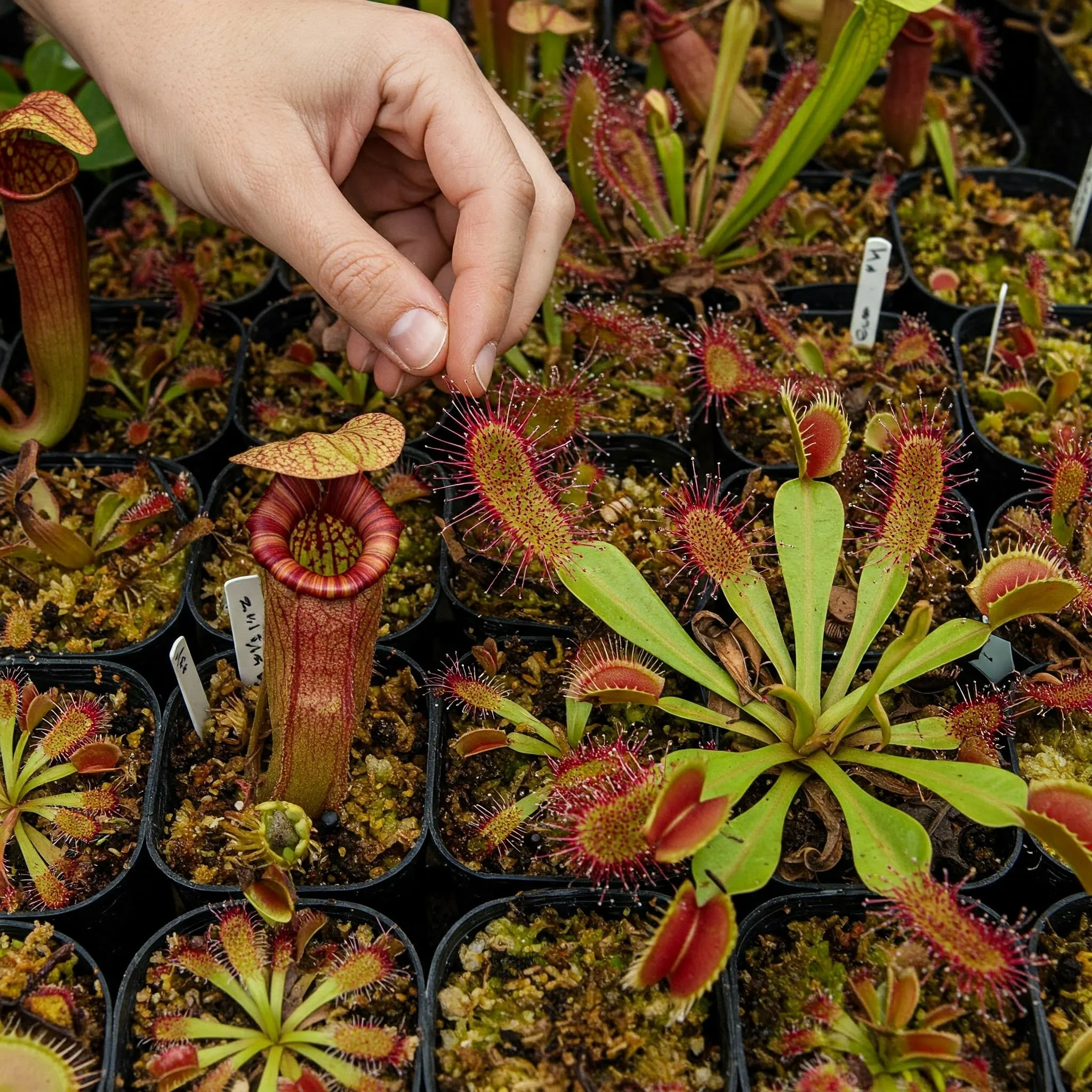 primer plano de una mano de una persona sobre una serie de macetas con plantas carnívoras de diferentes especies