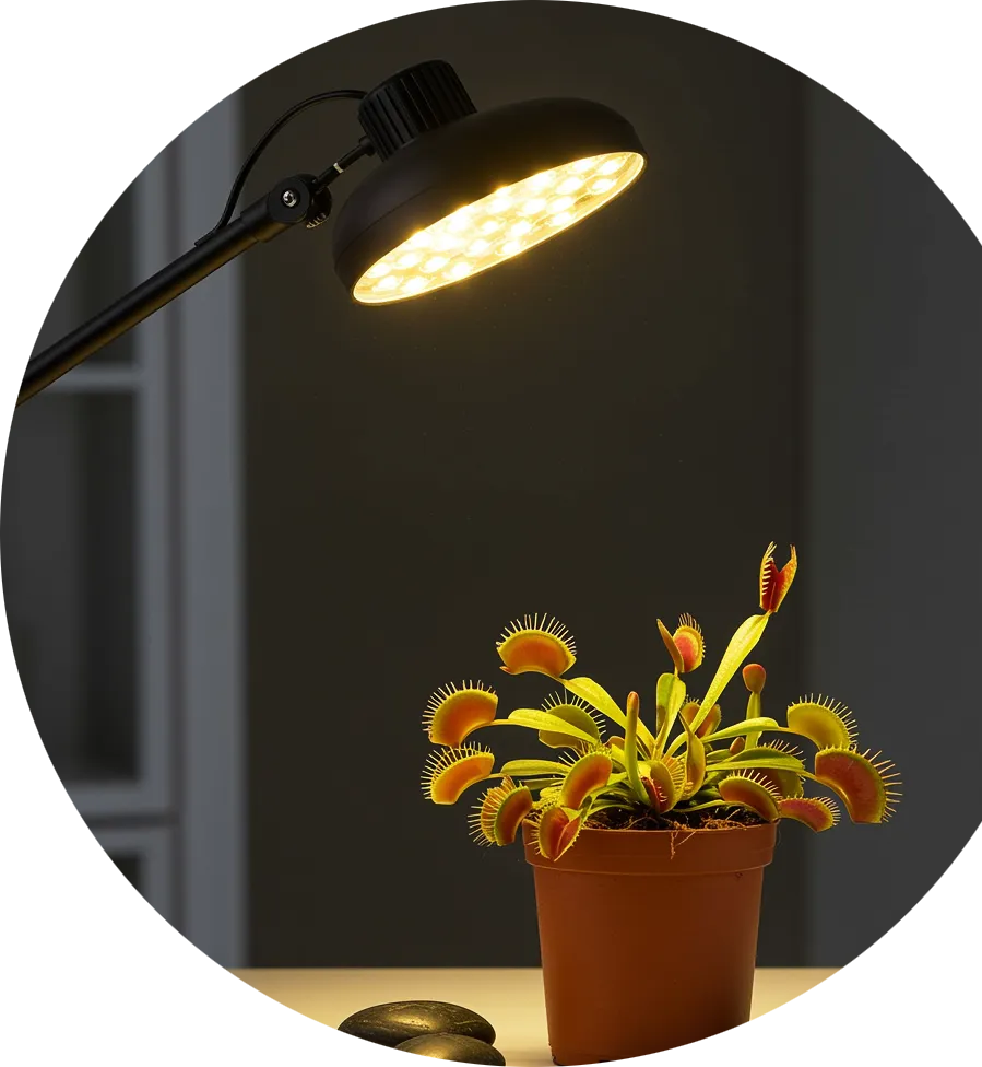 primer plano de una pequeña venus atrapamoscas en una maceta sobre una mesa en el interior de una estancia sobre la que se encuentra una lampara led con luz de espectro completo.