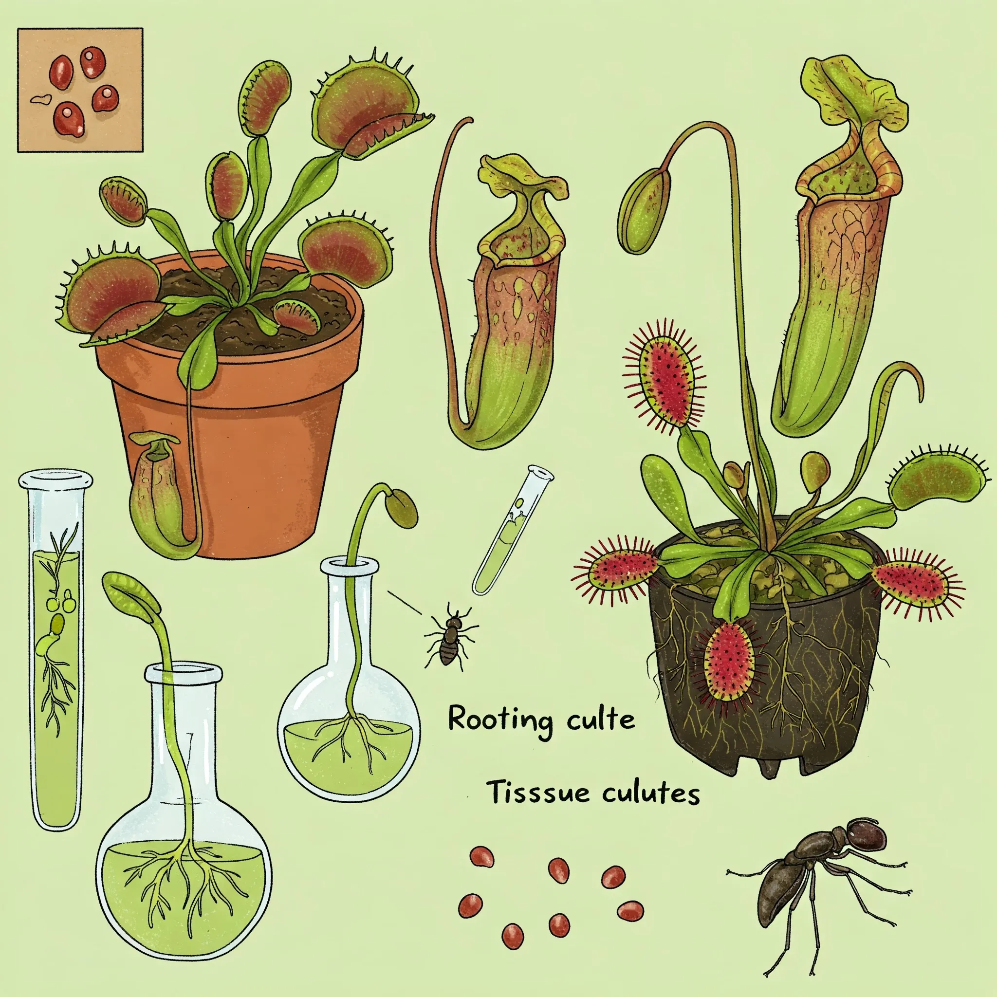 Ilustración científica de plantas carnívoras como Venus atrapamoscas, Nepenthes y Drosera, mostrando su cultivo en macetas y en laboratorio mediante técnicas de cultivo de tejidos y enraizamiento in vitro. Se observan frascos con medio de cultivo, semillas, insectos como hormigas y moscas, y etiquetas ilustradas. Fondo verde claro. Ideal para contenido educativo sobre biotecnología vegetal y propagación de especies carnívoras.