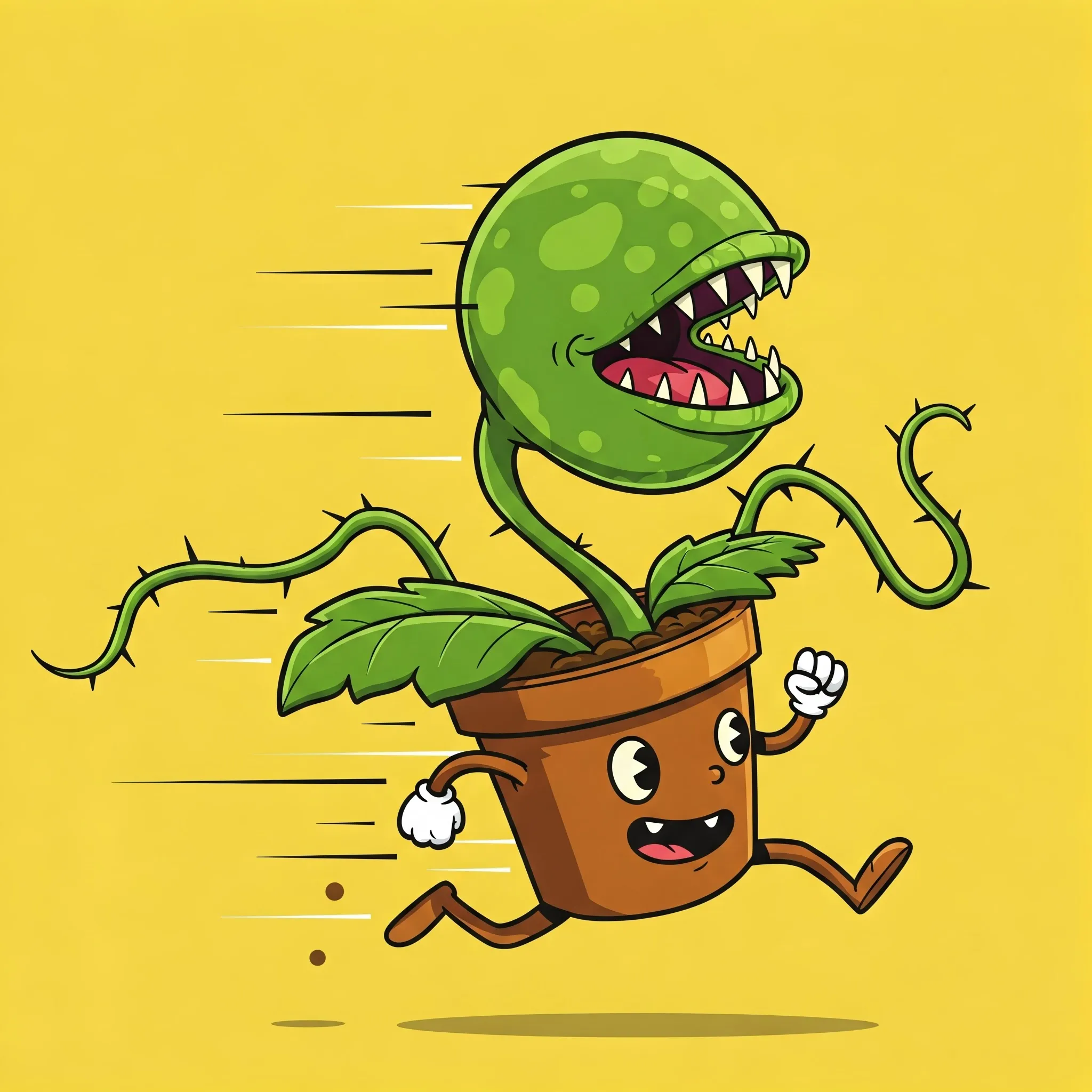 Ilustración divertida y caricaturesca de una planta carnívora estilo Venus atrapamoscas con gran boca y dientes afilados, corriendo en una maceta con brazos, piernas y expresión alegre. Fondo amarillo brillante y líneas de movimiento que refuerzan la sensación de velocidad. Imagen ideal para contenido infantil, educativo o de entretenimiento sobre plantas carnívoras y personajes animados.