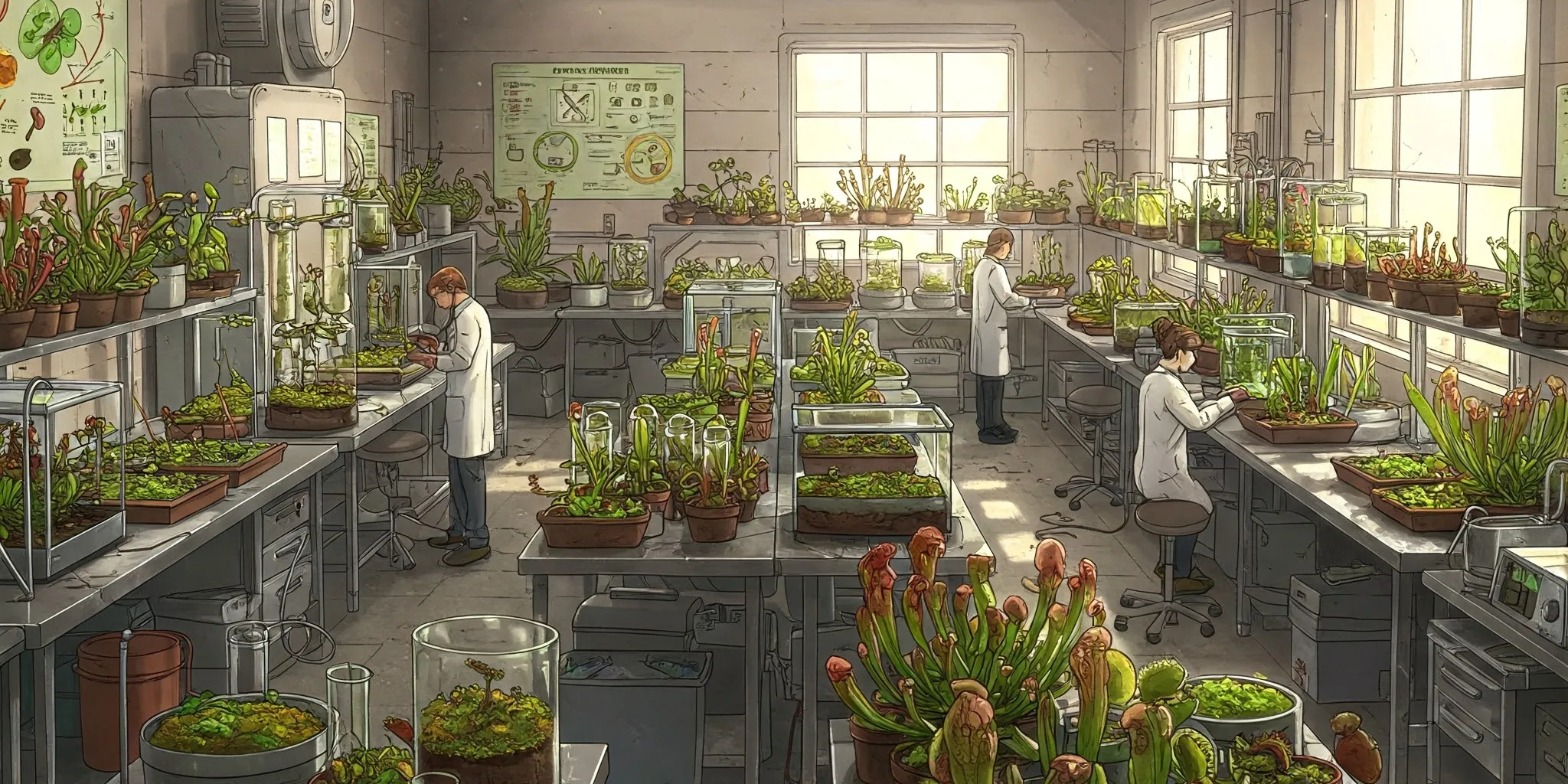 ilustración de un laboratorio secreto donde trabajan científicos con multitud de especies de plantas carnívoras.