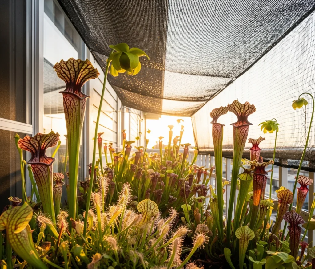 Foto panorámica de un pequeño rincón de jardín o balcón de una casa con varias Sarracenias o Dionaeas, con una malla de sombreo parcialmente visible sobre ellas.