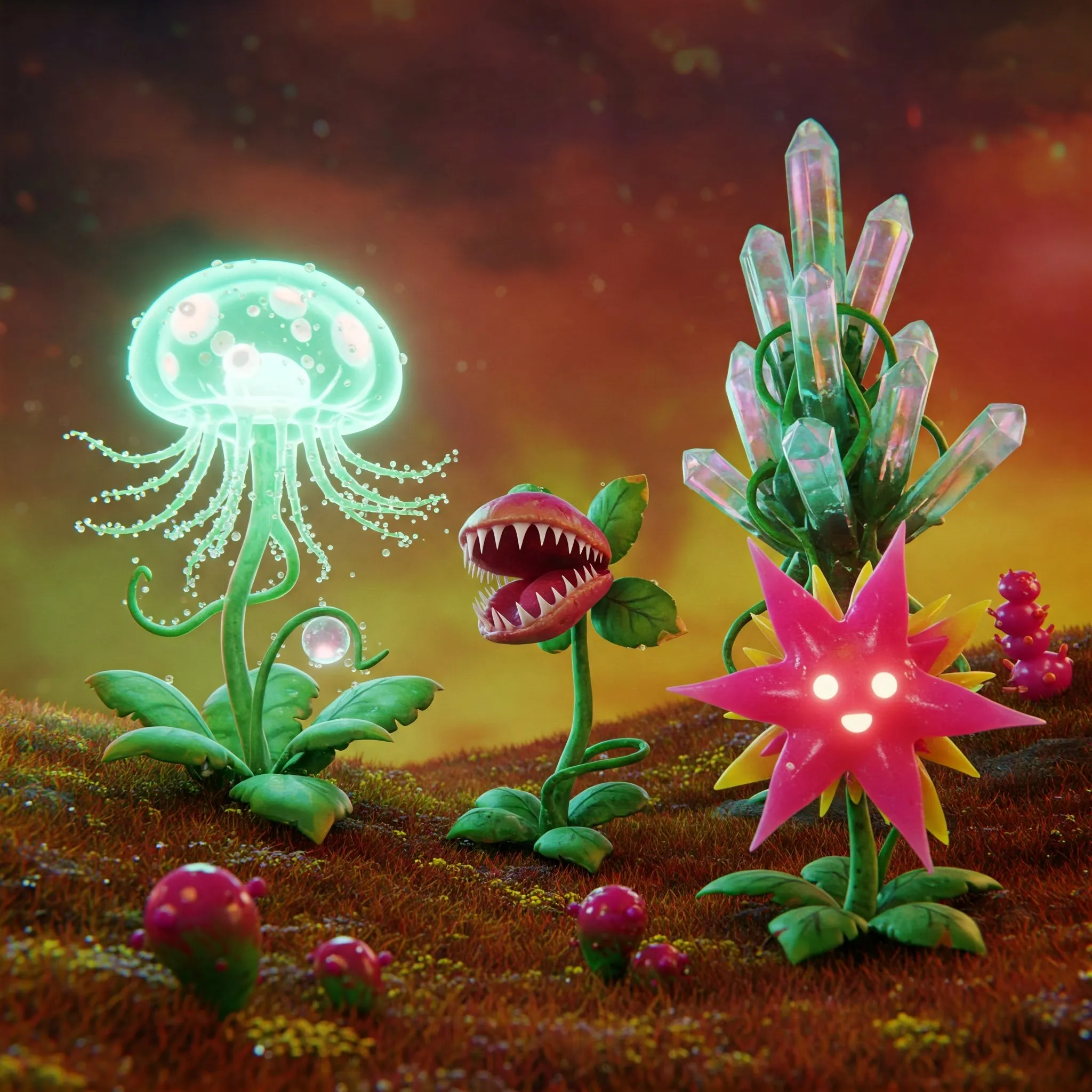 Representación digital y fantástica de tres plantas carnívoras con apariencia extraterrestre: una con forma de medusa luminosa, otra con gran boca llena de dientes afilados, y una tercera hecha de cristales y una estrella brillante con ojos. Ambientadas en un paisaje surrealista con hongos y pasto iridiscente, bajo un cielo de colores intensos.