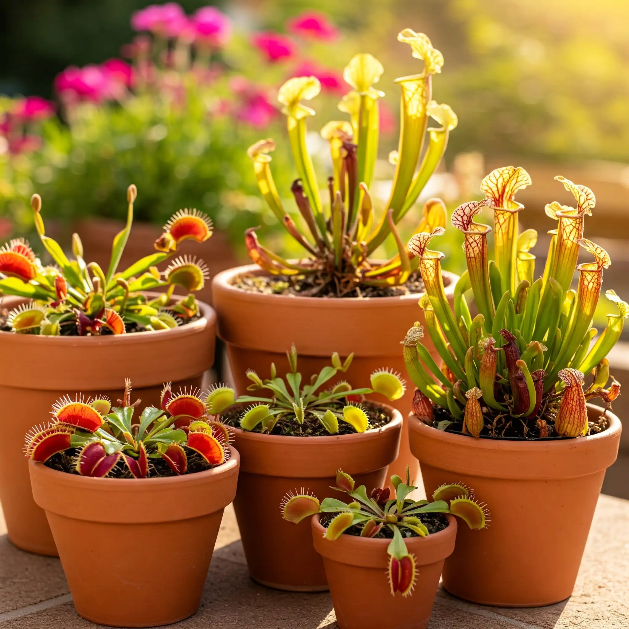 imagen de varias macetas juntas en el exterior de una terraza un día luminoso con distintos tipos de plantas carnívoras.