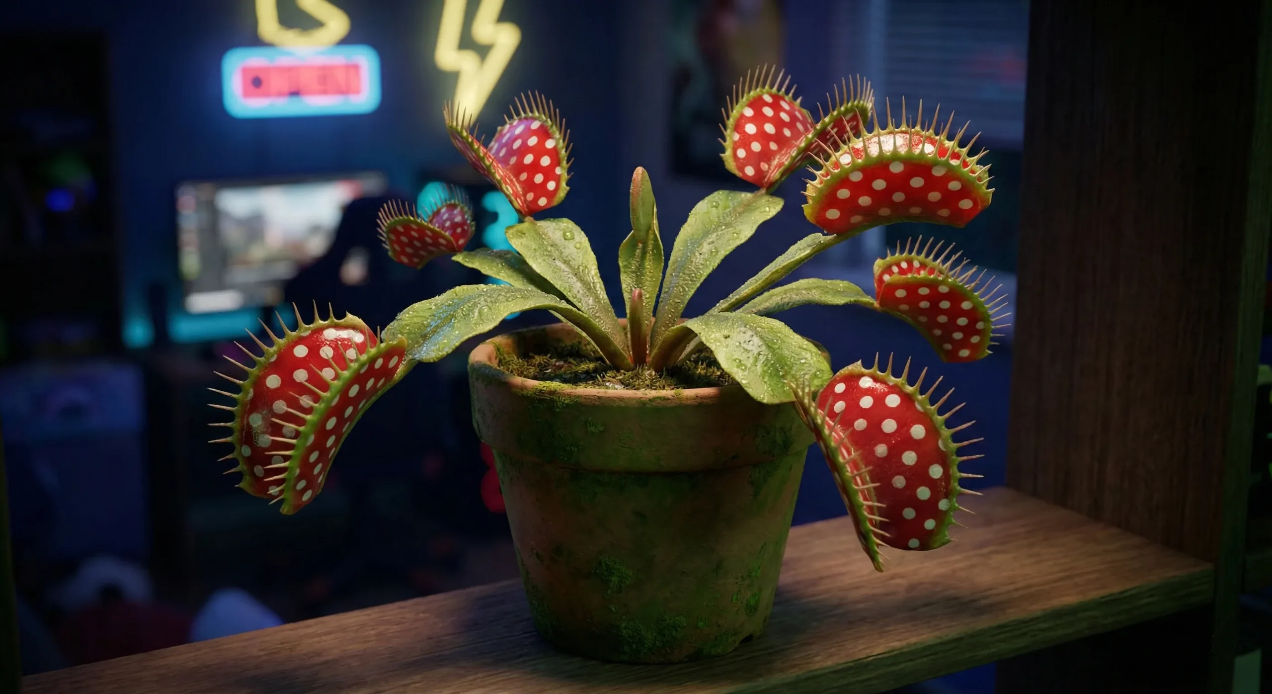 imagen fotorrealista de una planta venus atrapamoscas en una maceta con un look tipo mario bros